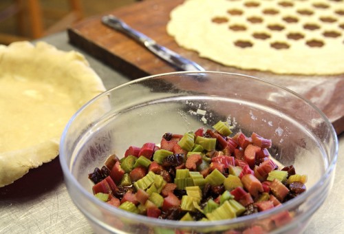 Rhubarb sour cherry pie innards