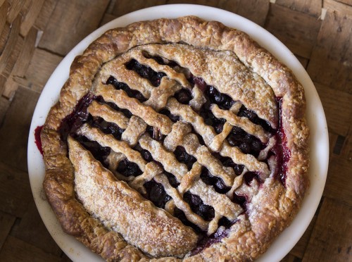 blueberry black raspberry candied rhubarb pie