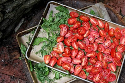 5 Place tomatoes atop herbs