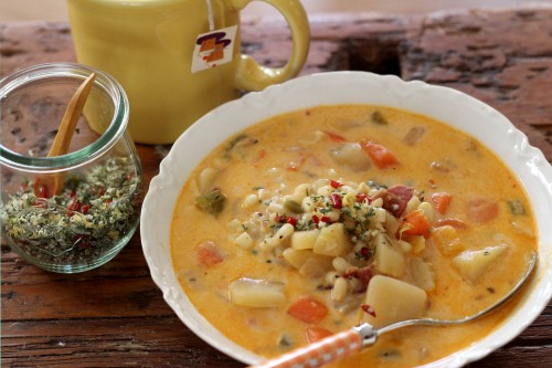 herb salt on potato soup