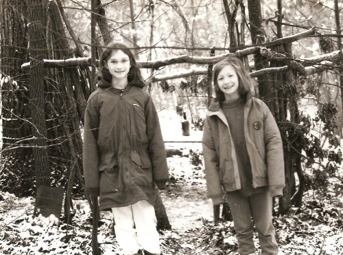 Annie and Rita building a winter fort 