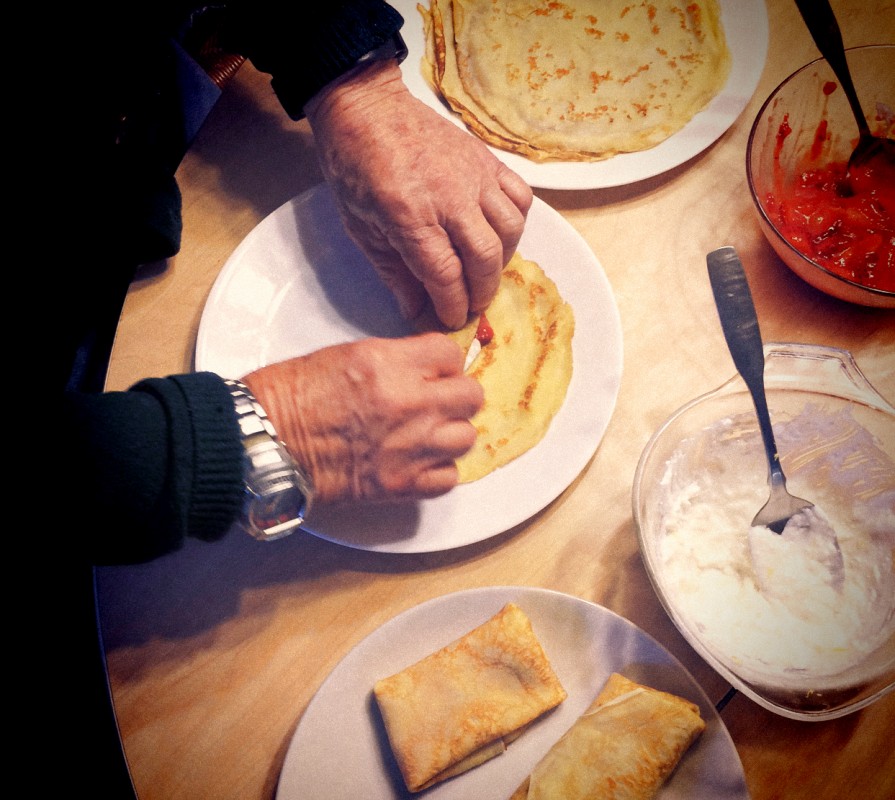 My dad, Leon makes cheese blintzes